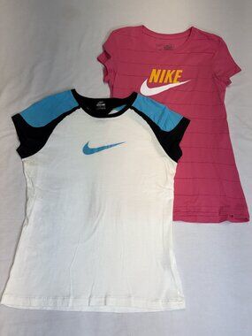 Nike Women's M Lot of 2 Fitted T Shirt Pink White Blue Swoosh Cotton Tee